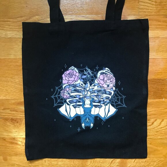 Gothic Lolita EGL Punk Pink & Black Rib Cage Roses & Bat Skelton Black Tote Bag - Picture 1 of 6